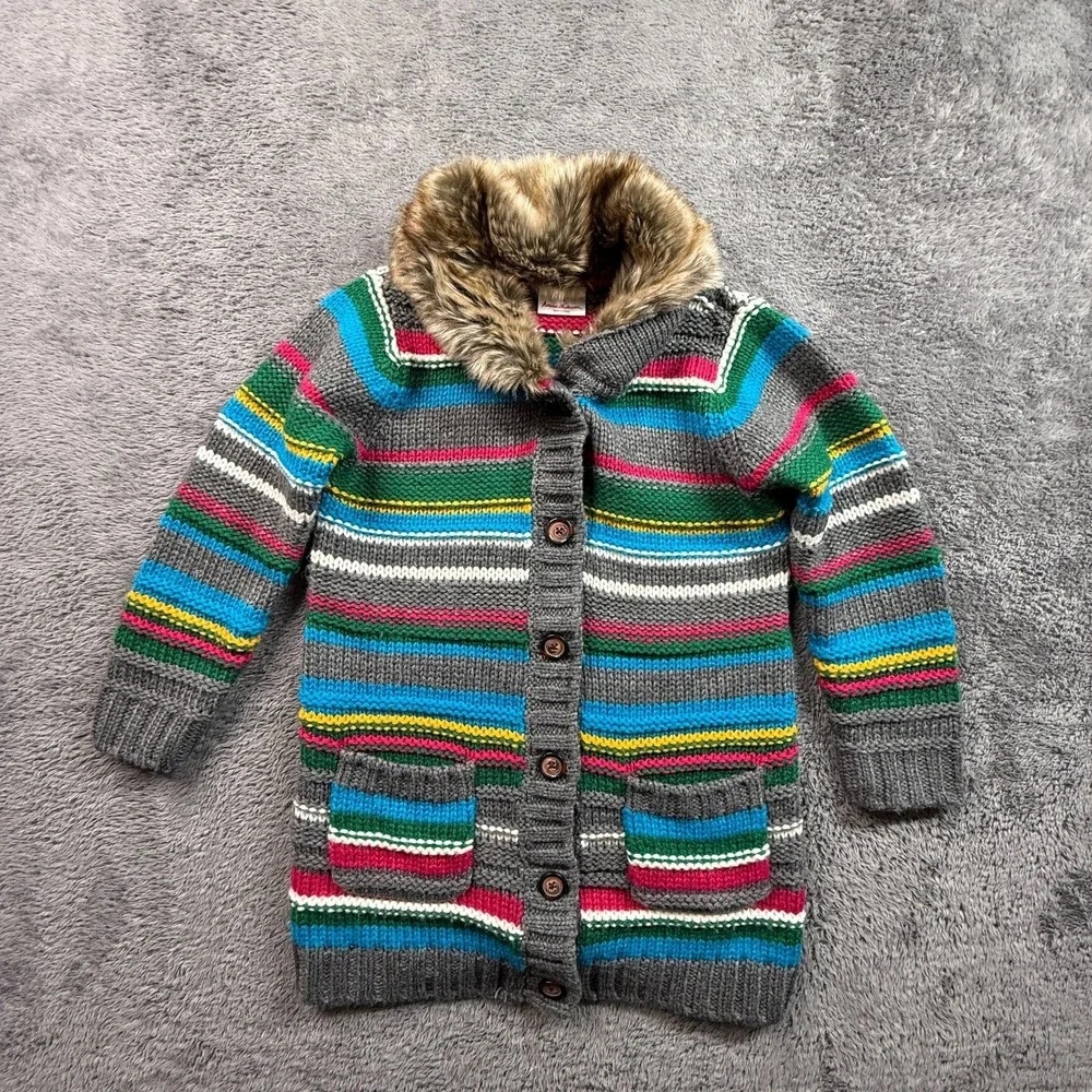 Hanna Andersson 130 Kids Striped Cardigan Faux Fur Collar Wool Blend Jacket - Picture 1 of 6